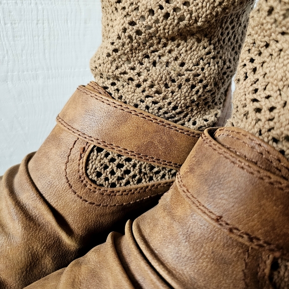 Slouchy moto boot - leather & crochet, Cognac, Women's size 9. - Picture 5 of 10